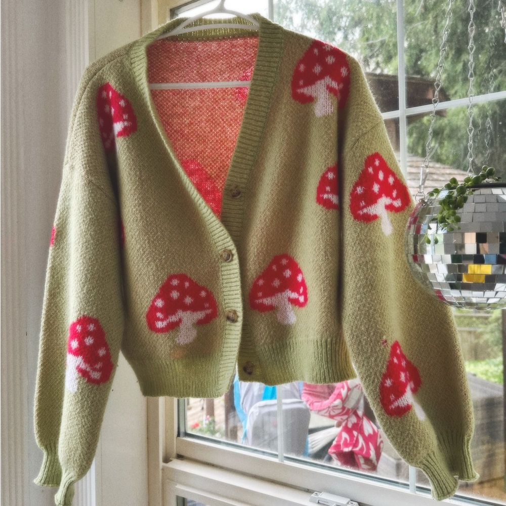 Olive Green Mushroom-Print V-Neck Cardigan Sweater
